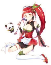 Rule 34 | 1girl, apron, bad id, bad pixiv id, blush, breasts, chinese clothes, cleavage, cleavage cutout, clothing cutout, detached sleeves, earrings, jewelry, ladle, large breasts, long hair, looking at viewer, maid headdress, nail polish, original, panda, red hair, reika (clovia studio), simple background, single thighhigh, sitting, solo, thighhighs, waist apron, wariza, white background, yellow eyes
