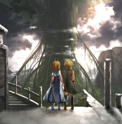 Rule 34 | 1boy, 1girl, alternate costume, back, blonde hair, brother and sister, cape, from behind, holding hands, kagamine len, kagamine rin, kouji (astral reverie), landscape, ruins, scenery, siblings, skirt, sky, standing, tree, twins, vocaloid