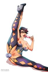 Rule 34 | 1girl, anal, anal object insertion, anus, ass, bare arms, bare shoulders, bayonetta, bayonetta (series), black hair, black thighhighs, blue eyes, boots, breasts, butt plug, cleft of venus, collarbone, colorized, earrings, fat mons, food, garter straps, glasses, high heels, highres, jewelry, large breasts, leg up, lips, lipstick, lm (legoman), makeup, mole, mole under mouth, nipples, object insertion, open mouth, popsicle, pussy, red lips, sex toy, sexually suggestive, short hair, simple background, solo, superboin, thighhighs, tongue, tongue out, uncensored, upper body, white background