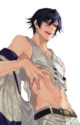 Rule 34 | 1boy, absurdres, bare shoulders, belt, belt buckle, black hair, brown belt, buckle, clothes lift, collarbone, flipped hair, hair between eyes, highres, hip bones, ichinose tokiya, jacket, jacket partially removed, licking lips, looking at viewer, male focus, midriff, noroinoenojin, pants, purple eyes, seductive smile, shirt, shirt lift, short hair, simple background, sleeveless, sleeveless shirt, smile, solo, teeth, tongue, tongue out, upper body, upper teeth only, uta no prince-sama, white background, white jacket, white pants, white shirt