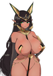 Rule 34 | 1girl, absurdres, animal ears, ankh, arms behind back, ash (cat7evy), bare shoulders, between breasts, black hair, black sleeves, blunt bangs, breasts, circlet, cleavage, closed mouth, commentary, covered erect nipples, dark-skinned female, dark skin, detached sleeves, egyptian, expressionless, fake animal ears, gluteal fold, gold trim, green eyes, hand on own hip, highres, huge breasts, last origin, light blush, long hair, looking at viewer, no humans, pointy ears, revealing clothes, sekhmet of death, simple background, sketch, solo, thighs, white background