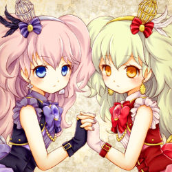 Rule 34 | 2girls, aidi (otoca d&#039;or), blonde hair, blue eyes, bow, brooch, cage, corset, earrings, es (otoca d&#039;or), expressionless, frills, hair bow, holding hands, jewelry, long hair, looking at viewer, mashiro (pixiv10823726), multiple girls, otoca d&#039;or, pink hair, purple bow, red bow, symmetry, two side up, upper body, yellow eyes