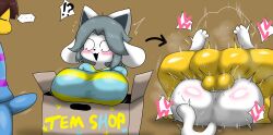Rule 34 | !?, 1boy, 1girl, :3, animal ears, ass, blush, box, breasts, brown hair, bulge, cat ears, cat tail, colored skin, completely nude, enigi09, erection, erection under clothes, expressionless, frisk (undertale), furry, furry female, furry with non-furry, heart, highres, huge breasts, interspecies, mating press, medium hair, nude, open mouth, sex, simple background, speech bubble, surprised, tail, temmie, temmie chang (character), testicles, undertale, vaginal, white background, white skin, yellow skin