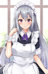 Rule 34 | 1girl, absurdres, apron, black dress, blurry, blurry background, blush, bow, breasts, closed mouth, collared dress, day, depth of field, dress, frilled apron, frills, hair between eyes, hand up, highres, higuchi kaede, indoors, long hair, looking at viewer, maid apron, maid headdress, medium breasts, mole, mole under eye, nijisanji, puffy short sleeves, puffy sleeves, purple bow, purple eyes, racchi., short sleeves, silver hair, solo, very long hair, virtual youtuber, white apron, window, wrist cuffs