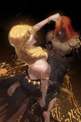 Rule 34 | 1boy, 1girl, armlet, back, bare shoulders, barefoot, black dress, blonde hair, bracelet, breasts, circlet, cleavage, cracked skin, dress, elden ring, from above, hair over shoulder, highres, holding, holding own hair, husband and wife, jewelry, long hair, mono 0627, queen marika the eternal, radagon of the golden order, red hair, topless male, yellow eyes