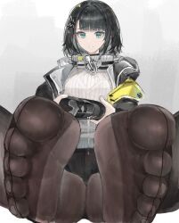 1girl absurdres arknights arknights:_endfield black_hair blue_eyes endministrator_(arknights) feet female_endministrator_(arknights) highres medium_hair pantyhose parted_lips shoes single_shoe soles sweat tiansuo_haoer toes unworn_shoes