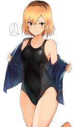 Rule 34 | 1girl, bare shoulders, black one-piece swimsuit, blonde hair, blue jacket, breasts, brown eyes, collarbone, competition swimsuit, covered navel, cowboy shot, embarrassed, groin, jacket, leg up, long sleeves, looking at viewer, medium breasts, miyamori aoi, multicolored hair, off shoulder, one-piece swimsuit, open clothes, open jacket, roots (hair), shirobako, short hair, simple background, smile, solo, sweat, swimsuit, tahita1874, thighs, thought bubble, translated, undressing, white background