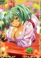 Rule 34 | 00s, 1girl, breasts, dark skin, dark-skinned female, female focus, green hair, ikkitousen, japanese clothes, kimono, large breasts, long hair, looking at viewer, official art, ryofu housen, solo