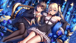 Rule 34 | 2girls, azur lane, bare shoulders, black hair, black pantyhose, black skirt, black sleeves, blonde hair, blue eyes, blush, chinese commentary, closed mouth, collarbone, commentary request, couch, dead or alive, detached sleeves, flower, hair ornament, hairclip, highres, horns, long hair, long sleeves, marie rose, multiple girls, noshiro (azur lane), oni horns, pantyhose, parted lips, pleated skirt, sitting, skirt, smile, thigh strap, thighs, twintails, wsman