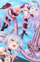 Rule 34 | 10s, 2girls, absurdres, ass, black sister, blue eyes, blush, boat, breasts, butt crack, cleavage, drill hair, elbow gloves, gloves, gradient background, green eyes, highres, huge filesize, long hair, medium breasts, multiple girls, nepgear, neptune (series), one eye closed, open mouth, planeptune, purple sister, small breasts, squid, symbol-shaped pupils, tentacles, thighhighs, twin drills, uni (neptunia), very long hair, watercraft, white hair