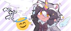 Rule 34 | 1girl, :3, animal ear fluff, animal ears, black gloves, character name, cigarette, closed mouth, colored skin, common raccoon (kemono friends), derivative character, emoji, fur collar, gloves, grey background, grey hair, half-closed eye, hand up, highres, holding, holding cigarette, horns, jmeysan, kemono friends, looking at viewer, multicolored hair, raccoon ears, red skin, short hair, single horn, smile, smoke, smoking, solo, striped horns, unicorn horn, upper body, white hair, wings, yellow eyes