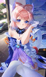 Rule 34 | 1girl, absurdres, architecture, bare shoulders, blue eyes, blue hair, blush, bow, bow-shaped hair, breasts, cleavage, commentary request, double-parted bangs, east asian architecture, genshin impact, gloves, hair ornament, highres, long hair, looking at viewer, medium breasts, multicolored hair, neco taya, pink hair, sangonomiya kokomi, sitting, smile, solo, thighhighs, vision (genshin impact), white gloves, wide sleeves