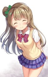 Rule 34 | 1girl, ^ ^, arm behind back, blush, bow, bowtie, brown hair, closed eyes, collared shirt, cowboy shot, facing viewer, green bow, hair bow, hand on own arm, long hair, love live!, love live! school idol project, minami kotori, miniskirt, one side up, otonokizaka school uniform, red bow, red bowtie, school uniform, shiromikan, shirt, short sleeves, skirt, smile, solo, striped bow, striped bowtie, striped clothes, striped neckwear, sweater vest, white shirt