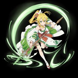 Rule 34 | 1girl, aerokinesis, blonde hair, bow, breasts, cleavage, detached sleeves, floating hair, full body, green eyes, hair bow, hair ornament, high ponytail, highres, holding, holding staff, large breasts, leafa, leaning forward, leg up, pointy ears, red ribbon, ribbon, ribbon-trimmed sleeves, ribbon trim, smile, solo, staff, sword art online, thigh strap, transparent background, white legwear, wind, wrist ribbon