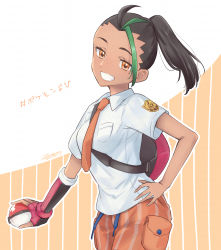 Rule 34 | 1girl, black hair, breasts, brown background, brown necktie, brown shorts, collared shirt, commentary request, creatures (company), dark-skinned female, dark skin, drawstring, dress shirt, elbow gloves, fingerless gloves, game freak, gloves, green hair, grin, hand on own hip, highres, holding, holding poke ball, looking at viewer, medium breasts, multicolored hair, necktie, nemona (pokemon), nikki kyousuke, nintendo, orange eyes, pink gloves, poke ball, poke ball (basic), pokemon, pokemon sv, shirt, short sleeves, shorts, side ponytail, signature, smile, solo, streaked hair, striped clothes, striped shorts, tan, translation request, two-tone background, vertical-striped clothes, vertical-striped shorts, white background, white shirt