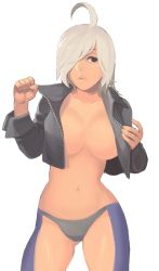 Rule 34 | 1girl, ahoge, angel (kof), breasts, chaps, cropped jacket, grey panties, hair over one eye, jacket, large breasts, no bra, no pants, open clothes, open jacket, panties, silver hair, snk, solo, steward b, the king of fighters, underwear