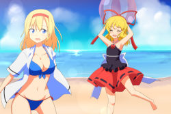 Rule 34 | 2girls, alice margatroid, armpits, arms up, ball, beach, beachball, bikini, blonde hair, blue bikini, blue eyes, bow, breasts, cato (monocatienus), cleavage, collarbone, day, closed eyes, hairband, medicine melancholy, multiple girls, navel, open clothes, open mouth, open shirt, outdoors, shirt, skirt, straight hair, swimsuit, touhou, water, wavy hair