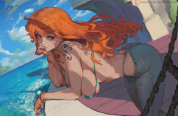 Rule 34 | 1girl, arm support, ass, bikini, bikini top only, bird, breasts, cutesexyrobutts, denim, hanging breasts, jeans, leaning forward, looking at viewer, nami (one piece), ocean, one piece, one side up, orange eyes, orange hair, pants, seagull, shoulder tattoo, skindentation, solo, swimsuit, tattoo