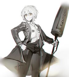Rule 34 | 1girl, chromatic aberration, closed mouth, coat, collared shirt, cowboy shot, don quixote (project moon), flat chest, greyscale, hair between eyes, hand on own hip, holding, holding polearm, holding weapon, in43, lance, limbus company, long sleeves, monochrome, open clothes, open coat, pants, polearm, project moon, shirt, short hair, smile, solo, spot color, v-shaped eyebrows, weapon, white background, yellow eyes