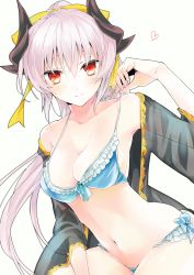 Rule 34 | 1girl, arm up, bare shoulders, bikini, black jacket, blue bikini, blush, bow, breasts, cleavage, closed mouth, collarbone, commentary request, curled horns, dragon horns, fate/grand order, fate (series), fingernails, grey background, hair between eyes, highres, horns, jacket, kiyohime (fate), kiyohime (swimsuit lancer) (third ascension) (fate), lifting own clothes, long hair, looking at viewer, medium breasts, navel, off shoulder, open clothes, open jacket, red eyes, silver hair, simple background, smile, solo, strap lift, swimsuit, tomozero, very long hair, yellow bow