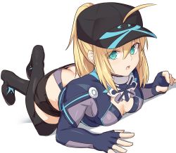 Rule 34 | 1girl, ahoge, artoria pendragon (fate), ass, baseball cap, black thighhighs, blonde hair, blue eyes, boots, breasts, butt crack, cleavage, fate/grand order, fate (series), hair between eyes, hair through headwear, hat, jacket, long hair, looking at viewer, medium breasts, mysterious heroine x (fate), mysterious heroine x (third ascension) (fate), ponytail, shiseki hirame, shorts, solo, thigh boots, thighhighs