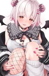 Rule 34 | 1girl, absurdres, breasts, button gap, choker, cleavage, colored inner hair, demon wings, double bun, fishnet thighhighs, fishnets, frills, grey hair, hair bun, heart, heart choker, highres, honey strap, jacket, jacket partially removed, kneehighs, knees, large breasts, looking at viewer, multicolored hair, nail polish, nanashi inc., off shoulder, open mouth, orange eyes, partially unbuttoned, pink hair, pink nails, ribbon, shirana tamana, short hair, simple background, single fishnet legwear, single thighhigh, sitting, sleeves past wrists, socks, solo, suou patra, sweat, thighhighs, virtual youtuber, white background, wings