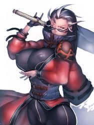 Rule 34 | 00s, 1girl, \m/, auron, black eyes, black hair, breasts, covered erect nipples, final fantasy, final fantasy x, fumio (rsqkr), genderswap, genderswap (mtf), glasses, gloves, high collar, katana, large breasts, looking over eyewear, looking over glasses, multicolored hair, one eye closed, pants, scar, scar across eye, scar on face, short hair, single glove, solo, square enix, sunglasses, sword, tight clothes, tight pants, tinted eyewear, two-tone hair, weapon
