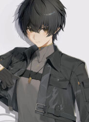 Rule 34 | 1boy, black gloves, black hair, black jacket, closed mouth, drop shadow, gloves, grey background, grey shirt, hair between eyes, half gloves, highres, holding, holding clothes, holding jacket, jacket, jewelry, looking at viewer, male focus, male rover (wuthering waves), momomo mm0, necklace, open clothes, open jacket, rover (wuthering waves), shirt, short hair, solo, tacet mark (wuthering waves), turtleneck, turtleneck shirt, twitter username, upper body, wuthering waves, yellow eyes