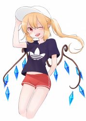 Rule 34 | 1girl, adidas, alternate costume, arm behind back, bad id, bad twitter id, bare legs, baseball cap, black shirt, blonde hair, contemporary, cropped legs, dated, ears visible through hair, fang, flandre scarlet, gotou (nekocat), hand up, hat, long hair, midriff, one side up, open mouth, pointy ears, red eyes, shirt, short shorts, short sleeves, shorts, simple background, solo, touhou, underwear, white background, white hat, wings