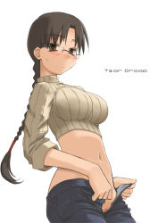 Rule 34 | 1girl, blush, braid, breasts, denim, glasses, hoshina tomoko, jeans, large breasts, long hair, looking at viewer, midriff, no panties, open fly, pants, simple background, sleeves rolled up, solo, to heart, to heart (series), tsuina, unzipped, white background