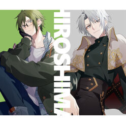 Rule 34 | 2boys, aiue o eiua, belt, black jacket, black pants, blush, buttons, capelet, coat, commentary request, denim, double-breasted, glasses, green background, green coat, green hair, grey background, grey eyes, grey hair, highres, idolish7, jacket, jeans, knee up, letterboxed, long sleeves, looking at viewer, male focus, multiple boys, nikaido yamato, open clothes, open coat, pants, parted bangs, place name, shirt, sidelocks, simple background, smile, white background, white capelet, white shirt, yaotome gaku