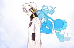 Rule 34 | 1boy, 1girl, bad id, bad pixiv id, blue hair, ene (kagerou project), headphones, kagerou project, kangmoro, konoha (kagerou project), long hair, red eyes, short ponytail, thighhighs, twintails, white hair