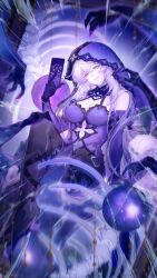 Rule 34 | 1girl, bare shoulders, black swan (honkai: star rail), breasts, card, closed mouth, dress, elbow gloves, gloves, highres, holding, holding card, honkai: star rail, honkai (series), large breasts, light smile, long hair, looking at viewer, mixed-language commentary, purple dress, purple gloves, purple veil, sleeveless, sleeveless dress, solo, veil, white hair, yellow eyes, zhuzhiyi zhulu