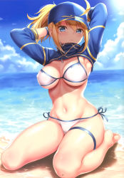 Rule 34 | 1girl, absurdres, ahoge, armpits, arms behind head, artoria pendragon (fate), barefoot, baseball cap, beach, bikini, blonde hair, blue eyes, blue hat, blue sky, blush, breasts, cleavage, cloud, cloudy sky, covered erect nipples, cropped jacket, day, fate/grand order, fate (series), full body, groin, hair between eyes, hair through headwear, hat, highres, kase daiki, long hair, looking at viewer, medium breasts, mysterious heroine x (fate), mysterious heroine xx (fate), navel, ocean, outdoors, page number, ponytail, sand, scan, shiny skin, shore, shrug (clothing), side-tie bikini bottom, sideboob, sitting, skindentation, sky, solo, stomach, sunlight, swimsuit, thigh strap, thighs, toes, underboob, water, white bikini, zipper pull tab