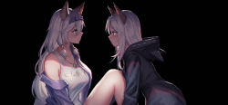 Rule 34 | 2girls, animal ears, animal hood, bad id, bad pixiv id, bare shoulders, black background, black jacket, breasts, brown eyes, commentary, english commentary, eye contact, eyebrows hidden by hair, fake animal ears, granblue fantasy, hair between eyes, heles, hood, hood down, hooded jacket, jacket, knee up, long hair, looking at another, medium breasts, multiple girls, off shoulder, profile, purple jacket, scathacha (granblue fantasy), silver hair, simple background, tank top, very long hair, white tank top, yurichtofen