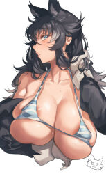 Rule 34 | 1girl, absurdres, alternate breast size, animal ears, areola slip, arm under breasts, bare shoulders, bikini, black hair, breast hold, breasts, cleavage, collarbone, commentary request, covered erect nipples, cropped torso, gloves, grey hair, grey wolf (kemono friends), halterneck, hand in own hair, hand up, highres, huge breasts, iparupua, jacket, kemono friends, lips, long hair, long sleeves, looking at viewer, multicolored hair, off shoulder, open clothes, open jacket, parted lips, sideways glance, simple background, skindentation, solo, striped bikini, striped clothes, sweat, swimsuit, two-tone hair, unaligned breasts, underboob, white background, white gloves, wolf ears