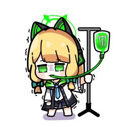 Rule 34 | 1girl, :3, animal ear headphones, animal ears, asymmetrical bangs, blonde hair, blue archive, blue bow, blue necktie, bow, cat ear headphones, chibi, collared shirt, drinking, empty eyes, fake animal ears, gloom (expression), green eyes, hair bow, halo, headphones, highres, hood, hooded jacket, intravenous drip, iv stand, jacket, l4ttekim, midori (blue archive), monster energy, necktie, open clothes, open jacket, parted bangs, school uniform, shadow, shirt, shorts, simple background, solo, trembling, white background