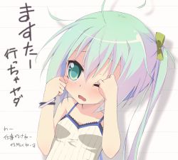 Rule 34 | 1girl, blush, bracelet, child, crying, green eyes, green hair, hatsune miku, jewelry, long hair, matching hair/eyes, one eye closed, ribbon, solo, tears, text focus, torinannkotsukushi, translation request, twintails, vocaloid, wink