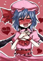 Rule 34 | 1girl, ^ ^, blue hair, blush, closed eyes, english text, closed eyes, fang, female focus, hat, heart, open mouth, remilia scarlet, short hair, skirt, skirt set, smile, solo, takorice, touhou, upper body, wings, wristband