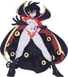 Rule 34 | 1girl, black hair, blush, breasts, breasts apart, cape, code geass, colored sclera, colored skin, contrapposto, cosplay, extra eyes, full body, gazer (monster girl encyclopedia), grey skin, legs apart, looking at viewer, medium breasts, monster girl, monster girl encyclopedia, multicolored cape, multicolored clothes, naked cape, navel, nipples, nude, purple cape, pussy, red cape, red eyes, rtil, short hair, simple background, smile, solo, standing, tail, tentacles, white background, yellow sclera, zero (code geass), zero (code geass) (cosplay)