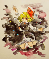 Rule 34 | 1girl, ascot, blonde hair, bloomers, fang, hair ribbon, key747h, long sleeves, looking at viewer, open mouth, outstretched arms, painting (medium), paper texture, red eyes, ribbon, rumia, short hair, skirt, skirt set, spread arms, touhou, traditional media, underwear, vest, watercolor (medium)