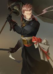 Rule 34 | 1boy, alternate costume, alternate weapon, blue eyes, brown hair, cigar, facial hair, fate/grand order, fate (series), feet out of frame, flag, goatee, highres, holding, holding flag, holding sword, holding weapon, long sideburns, male focus, mature male, military, military uniform, muscular, muscular male, napoleon bonaparte (fate), rathalosx4, short hair, sideburns, smile, smoking, solo, sword, uniform, weapon