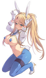 Rule 34 | 1girl, ahoge, animal ears, artoria pendragon (all), artoria pendragon (fate), artoria pendragon (swimsuit ruler) (fate), bad proportions, blonde hair, blue necktie, blue pantyhose, blush, braid, breasts, closed mouth, covered erect nipples, cropped jacket, fate/grand order, fate (series), fishnet pantyhose, fishnets, french braid, gloves, green eyes, hair between eyes, hands up, highres, jacket, kneeling, large breasts, long hair, long sleeves, looking at viewer, meme attire, navel, necktie, pantyhose, pasties, ponytail, rabbit ears, rabbit tail, revealing clothes, reverse bunnysuit, reverse outfit, shrug (clothing), sidelocks, simple background, solo, swept bangs, tail, tiara, vivi (eve no hakoniwa), white background, white gloves, white jacket, wrist cuffs