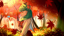 Rule 34 | 1girl, absurdres, adapted costume, autumn, blunt bangs, blurry, blurry foreground, blush, bow, brown skirt, bug, butterfly, butterfly on hand, depth of field, dress, falling leaves, forest, frilled ribbon, frills, from side, front ponytail, green hair, hair bow, hair ribbon, half-closed eyes, highres, index finger raised, insect, jiege, kagiyama hina, leaf, long hair, looking at animal, nature, open mouth, profile, red bow, red ribbon, ribbon, skirt, solo, standing, touhou, tree, upper body, white dress