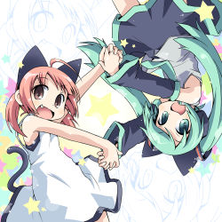 Rule 34 | 2girls, animal ears, aqua eyes, aqua hair, brown eyes, cat ears, cat tail, character request, detached sleeves, fang, flat chest, ham (points), holding hands, hatsune miku, long hair, multiple girls, necktie, pink hair, rotational symmetry, skirt, smile, tail, twintails, vocaloid