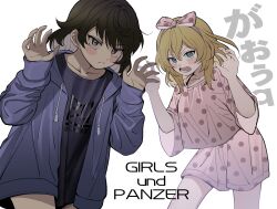 Rule 34 | 2girls, andou (girls und panzer), arms up, bc freedom (emblem), black hair, blonde hair, blue eyes, blush, claw pose, closed mouth, commentary request, copyright name, dark-skinned female, dark skin, emblem, girls und panzer, hair ribbon, hood, hoodie, long hair, long sleeves, looking at viewer, machishita atake, medium hair, messy hair, multiple girls, open mouth, oshida (girls und panzer), ribbon, shirt, simple background, standing, white background