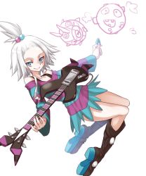 Rule 34 | bass guitar, blue eyes, boots, creatures (company), dress, flew chicken, forehead, freckles, game freak, gen 1 pokemon, gen 5 pokemon, gym leader, hair bobbles, hair ornament, highres, instrument, koffing, looking at viewer, nintendo, plectrum, pokemon, pokemon (creature), pokemon bw2, roxie (pokemon), smile, striped clothes, striped dress, thighs, whirlipede, white hair