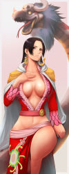Rule 34 | 1girl, absurdres, amazon lily, amazon warrior, black hair, boa hancock, breasts, cleavage, crop top, earrings, female focus, highres, jacket, jacket on shoulders, jewelry, long hair, long skirt, long sleeves, midriff, one piece, red skirt, salome (one piece), side slit, skirt, snake, take9999