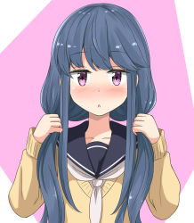 Rule 34 | 1girl, aikawa ryou, black sailor collar, blue hair, blush, brown sweater, bunching hair, collarbone, commentary request, hair down, hands up, highres, long hair, long sleeves, looking at viewer, low twintails, nose blush, parted lips, pectorals, pink background, purple eyes, sailor collar, school uniform, serafuku, shima rin, sleeves past wrists, solo, sweater, twintails, two-tone background, white background, white neckwear, yurucamp