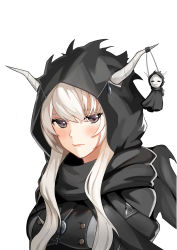 Rule 34 | 1girl, arknights, black cloak, blush, breasts, brown eyes, chinese commentary, cloak, commentary request, flan (f l an), hair between eyes, highres, hood, hooded cloak, horns, long hair, looking at viewer, medium breasts, partial commentary, shining (arknights), silver hair, simple background, solo, teruterubouzu, upper body, white background